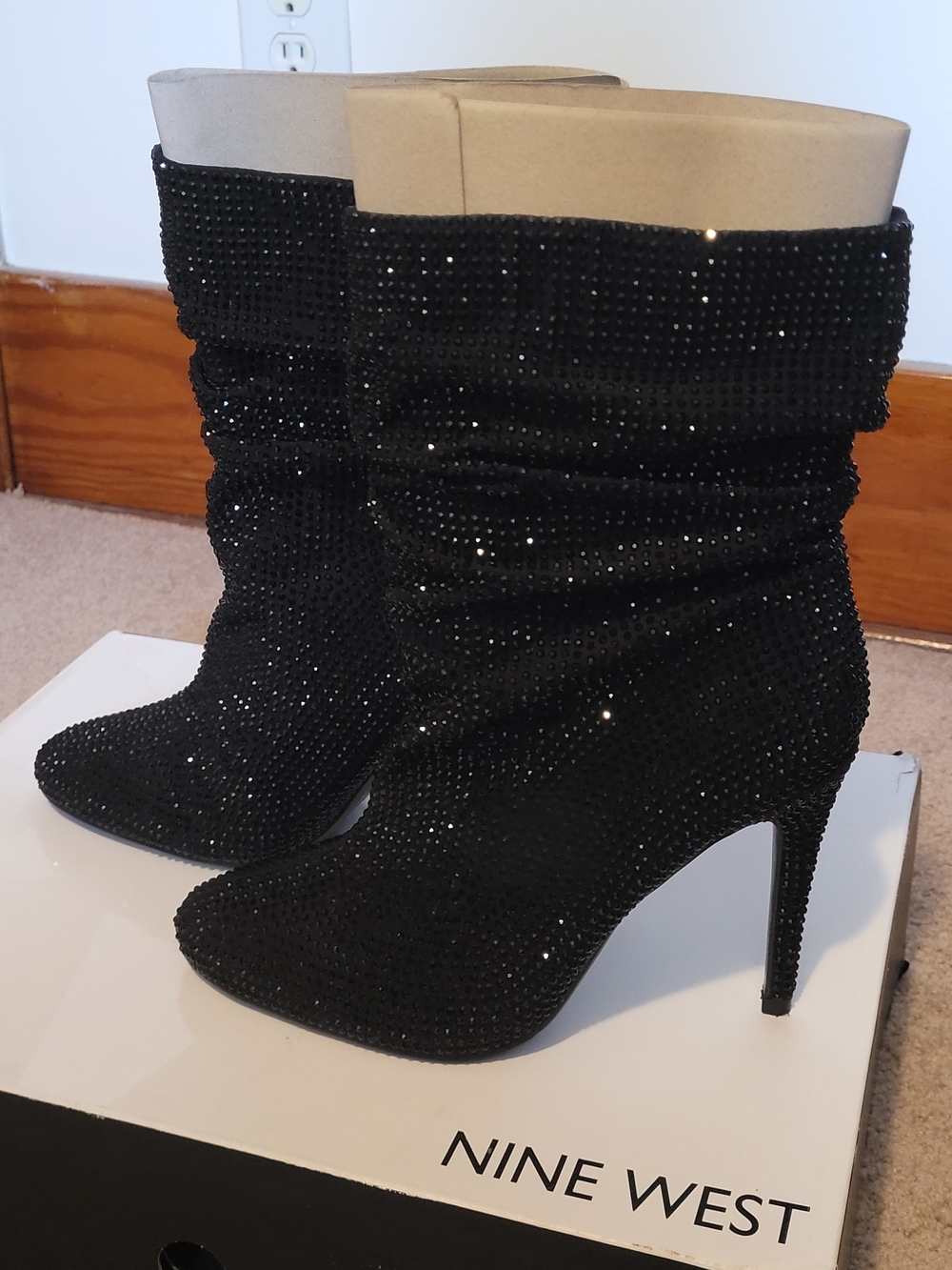 Nine West Dazzle 2 Rhinestone Stiletto Ankle Boots Black Sparkle Size 9